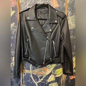 ZARA Moto Jacket Leather Faux Size XL Black Silver Zippers WOW